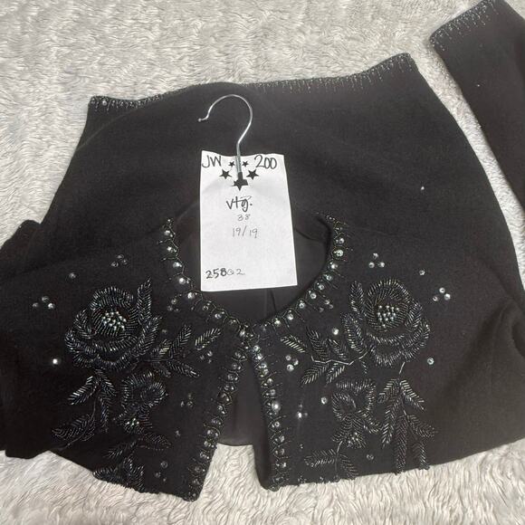 Vintage 1980s Wool Cardigan Sweater Women's EU 38 Black Floral Beadwork Evening - Picture 3 of 8